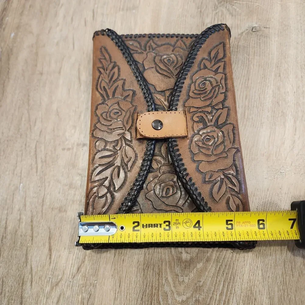 Vintage Hand Tooled Leather Book Journal Cover Handmade Roses Snap Close Signed